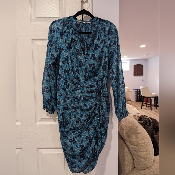 VERONICA BEARD Turquoise Blue Floral Print BECKY Silk Ruffle Ruched Dress - Picture 8 of 16